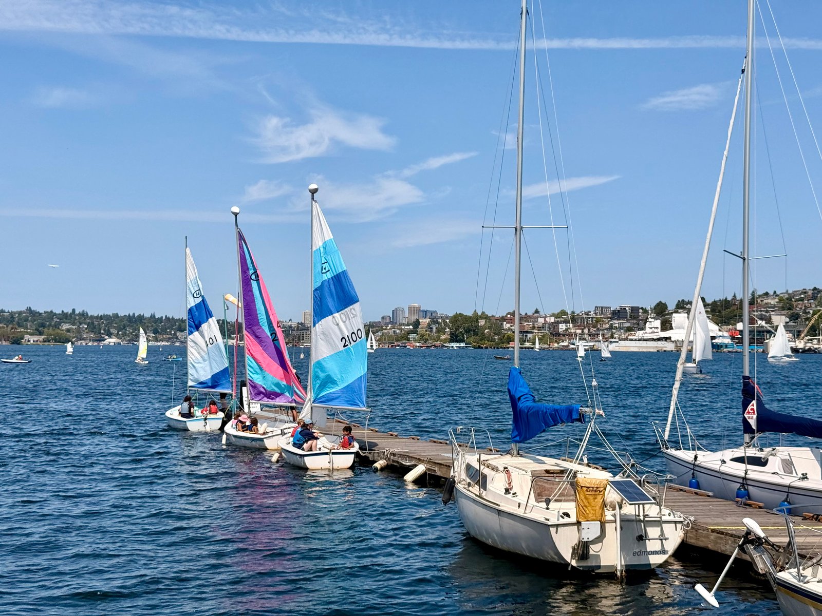 Children in colorful sailboats are docked, while other boats sail on the water with a city skyline in the background.